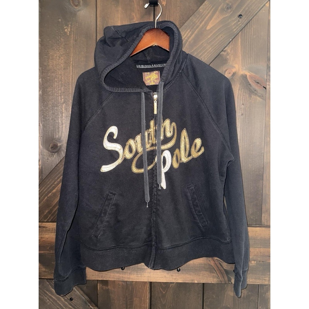 Southpole‎ Y2K Hoodie Women's 1X Plus Black Gold Spell out Full Zip Cotton